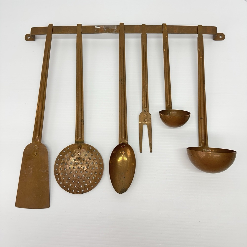 Vintage Copper Kitchen Utensil Wall Hanging 7 Pc Set MCM Farmhouse Decor Cottage